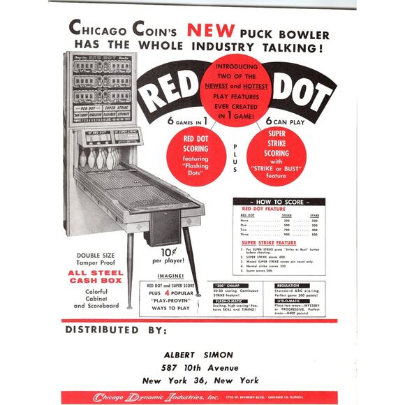 1960s Chicago Coin Red Dot Puck Bowler Arcade Flyer Vintage Ephemera - Picture 1 of 2